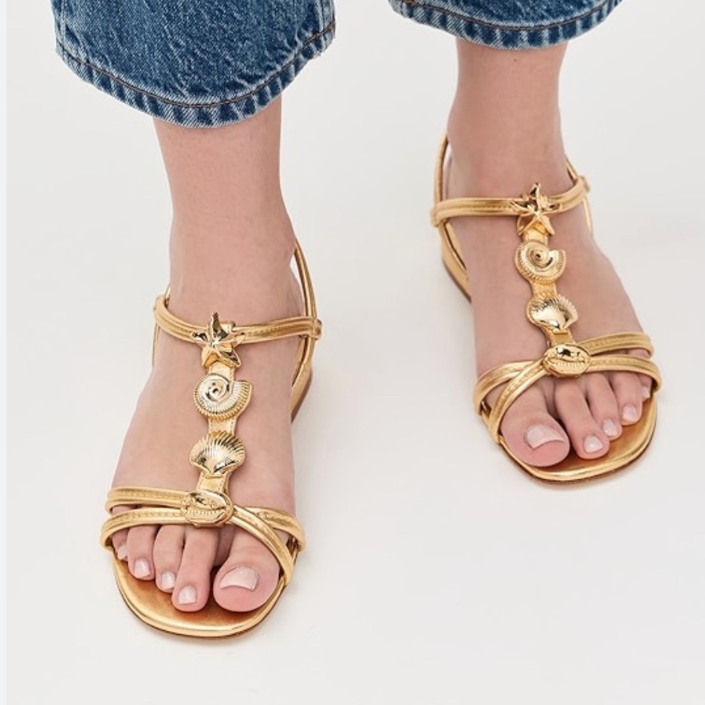 Larroude Gold Shell Embellished Women’s Sandals